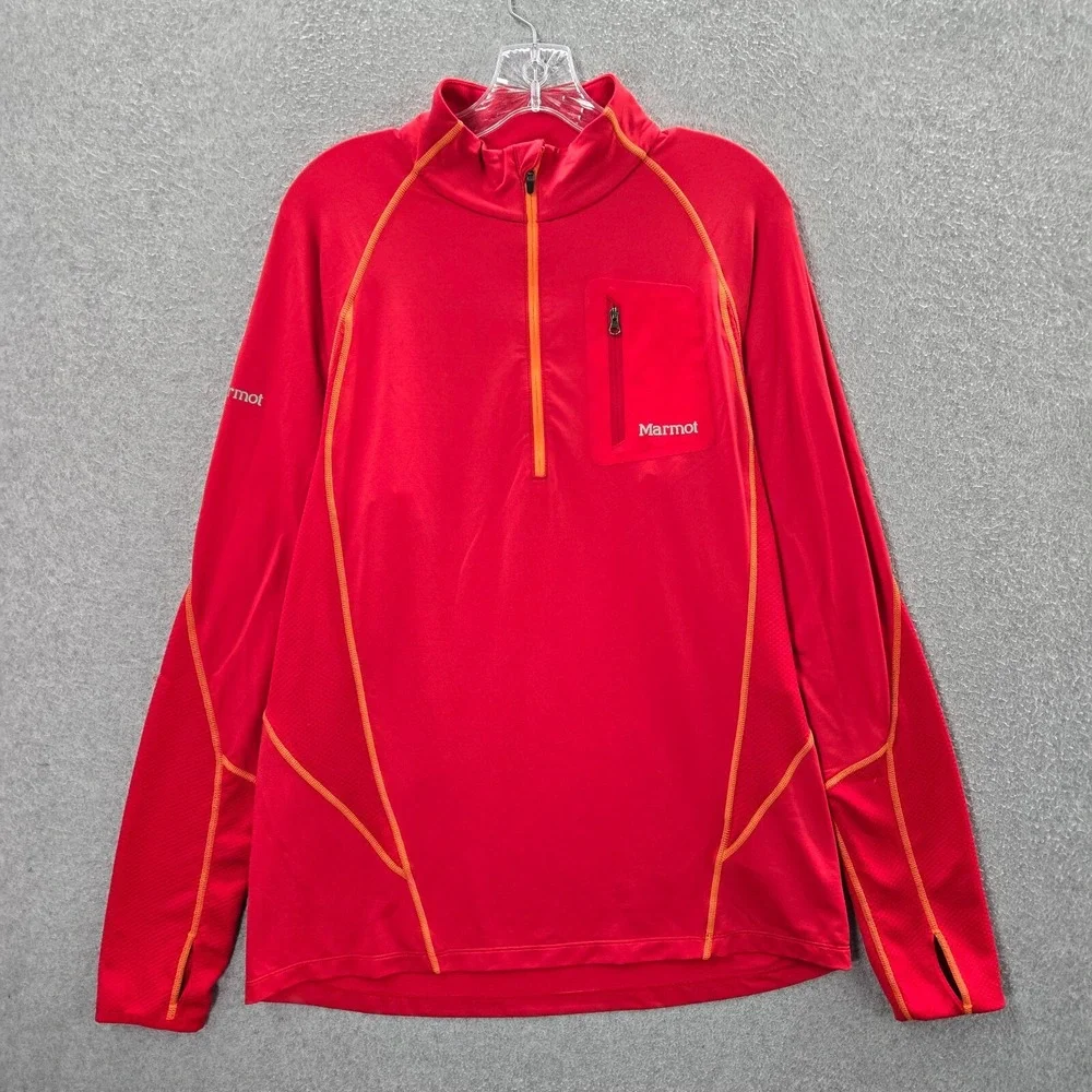 Marmot Men Sweatshirt Large Red 1/2 Zip Pockets Thumbholes Mock‎ Neck Pullover